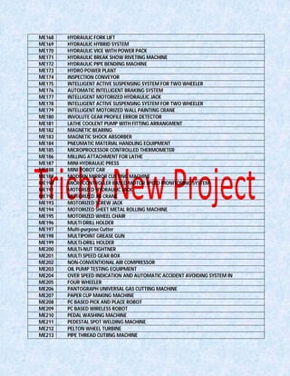 ME168 HYDRAULIC FORK LIFT
ME169 HYDRAULIC HYBRID SYSTEM
ME170 HYDRAULIC VICE WITH POWER PACK
ME171 HYDRAULIC BREAK SHOW RIVETING MACHINE
ME172 HYDRAULIC PIPE BENDING MACHINE
ME173 HYDRO POWER PLANT
ME174 INSPECTION CONVEYOR
ME175 INTELLIGENT ACTIVE SUSPENSING SYSTEM FOR TWO WHEELER
ME176 AUTOMATIC INTELLIGENT BRAKING SYSTEM
ME177 INTELLIGENT MOTORIZED HYDRAULIC JACK
ME178 INTELLIGENT ACTIVE SUSPENSING SYSTEM FOR TWO WHEELER
ME179 INTELLIGENT MOTORIZED WALL PAINTING CRANE
ME180 INVOLUTE GEAR PROFILE ERROR DETECTOR
ME181 LATHE COOLENT PUMP WITH FITTING ARRANGMENT
ME182 MAGNETIC BEARING
ME183 MAGNETIC SHOCK ABSORBER
ME184 PNEUMATIC MATERIAL HANDLING EQUIPMENT
ME185 MICROPROCESSOR CONTROLLED THERMOMETER
ME186 MILLING ATTACHMENT FOR LATHE
ME187 MINI HYDRAULIC PRESS
ME188 MINI ROBOT CAR
ME189 MODERN MIRROR CUTTING MACHINE
ME190 MICROCONTROLLER BASED MOTOR SPEED MONITORING SYSTEM
ME191 MOTORIZED HYDRAULIC JACK
ME192 MOTORIZED JIB CRANE
ME193 MOTORIZED SCREW JACK
ME194 MOTORIZED SHEET METAL ROLLING MACHINE
ME195 MOTORIZED WHEEL CHAIR
ME196 MULTI DRILL HOLDER
ME197 Multi-purpose Cutter
ME198 MULTIPOINT GREASE GUN
ME199 MULTI-DRILL HOLDER
ME200 MULTI-NUT TIGHTNER
ME201 MULTI SPEED GEAR BOX
ME202 NON-CONVENTIONAL AIR COMPRESSOR
ME203 OIL PUMP TESTING EQUIPMENT
ME204 OVER SPEED INDICATION AND AUTOMATIC ACCIDENT AVOIDING SYSTEM IN
ME205 FOUR WHEELER
ME206 PANTOGRAPH UNIVERSAL GAS CUTTING MACHINE
ME207 PAPER CUP MAKING MACHINE
ME208 PC BASED PICK AND PLACE ROBOT
ME209 PC BASED WIRELESS ROBOT
ME210 PEDAL WASHING MACHINE
ME211 PEDESTAL SPOT WELDING MACHINE
ME212 PELTON WHEEL TURBINE
ME213 PIPE THREAD CUTIING MACHINE
 