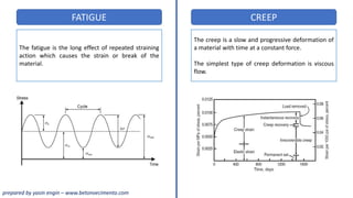 FATIGUE CREEP
The fatigue is the long effect of repeated straining
action which causes the strain or break of the
material.
The creep is a slow and progressive deformation of
a material with time at a constant force.
The simplest type of creep deformation is viscous
flow.
prepared by yasin engin – www.betonvecimento.com
 