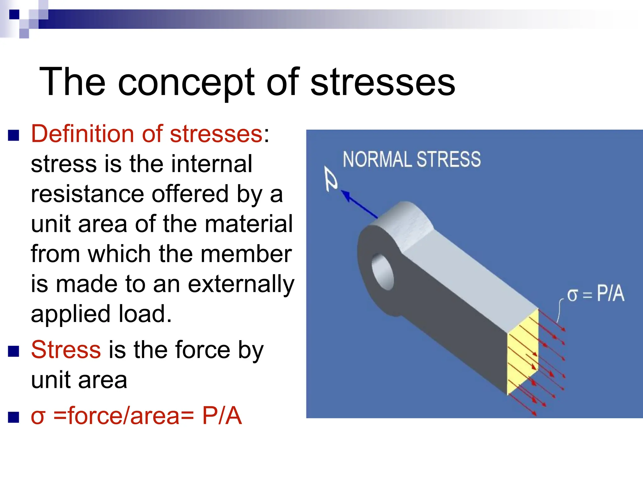The concept of stresses
 Definition of stresses:
stress is the internal
resistance offered by a
unit area of the material
from which the member
is made to an externally
applied load.
 Stress is the force by
unit area
 σ =force/area= P/A
 