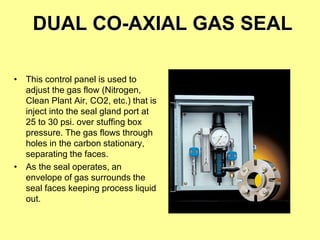 DUAL CO-AXIAL GAS SEAL
• This control panel is used to
adjust the gas flow (Nitrogen,
Clean Plant Air, CO2, etc.) that is
inject into the seal gland port at
25 to 30 psi. over stuffing box
pressure. The gas flows through
holes in the carbon stationary,
separating the faces.
• As the seal operates, an
envelope of gas surrounds the
seal faces keeping process liquid
out.
 