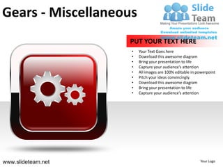 Gears - Miscellaneous
                    PUT YOUR TEXT HERE
                    •   Your Text Goes here
                    •   Download this awesome diagram
                    •   Bring your presentation to life
                    •   Capture your audience’s attention
                    •   All images are 100% editable in powerpoint
                    •   Pitch your ideas convincingly.
                    •   Download this awesome diagram
                    •   Bring your presentation to life
                    •   Capture your audience’s attention




www.slideteam.net                                        Your Logo
 