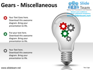 Gears - Miscellaneous
      Your Text Goes here.
      Download this awesome
      diagram. Bring your
      presentation to life.

      Put your text here.
      Download this awesome
      diagram. Bring your
      presentation to life.


      Your Text here.
      Download this awesome
      diagram. Bring your
      presentation to life.



www.slideteam.net             Your Logo
 