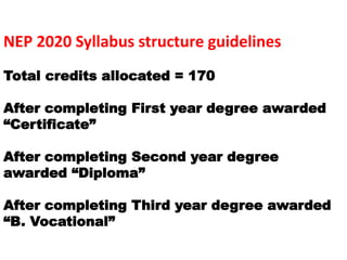 NEP 2020 Syllabus structure guidelines
Total credits allocated = 170
After completing First year degree awarded
“Certificate”
After completing Second year degree
awarded “Diploma”
After completing Third year degree awarded
“B. Vocational”
 