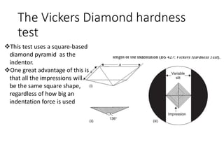 The Vickers Diamond hardness
test
This test uses a square-based
diamond pyramid as the
indentor.
One great advantage of this is
that all the impressions will
be the same square shape,
regardless of how big an
indentation force is used
 