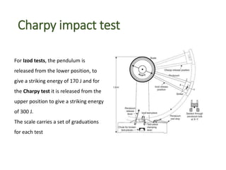 Charpy impact test
For Izod tests, the pendulum is
released from the lower position, to
give a striking energy of 170 J and for
the Charpy test it is released from the
upper position to give a striking energy
of 300 J.
The scale carries a set of graduations
for each test
 