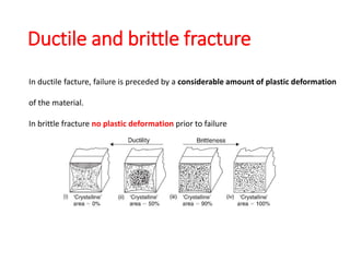 Ductile and brittle fracture
In ductile facture, failure is preceded by a considerable amount of plastic deformation
of the material.
In brittle fracture no plastic deformation prior to failure
 