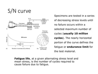 S/N curve
Fatigue life, at a given alternating stress level and
mean stress, is the number of cycles required to
cause failure due to fatigue.
Specimens are tested in a series
of decreasing stress levels until
no failure occurs within a
selected maximum number of
cycles (usually 10 million
cycles). The nearly horizontal
portion of the curve defines the
fatigue or endurance limit for
the test material.
 