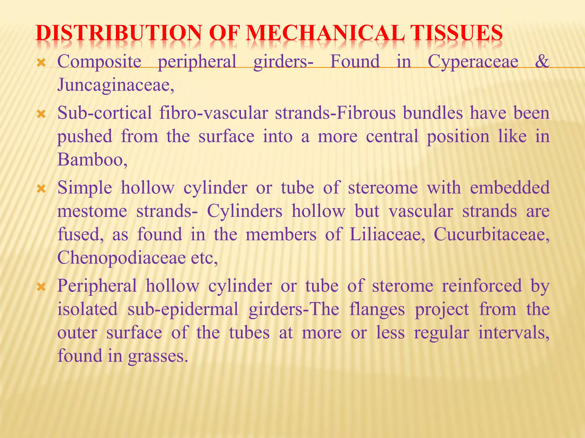 DISTRIBUTION OF MECHANICAL TISSUES
 Composite peripheral girders- Found in Cyperaceae &
Juncaginaceae,
 Sub-cortical fibro-vascular strands-Fibrous bundles have been
pushed from the surface into a more central position like in
Bamboo,
 Simple hollow cylinder or tube of stereome with embedded
mestome strands- Cylinders hollow but vascular strands are
fused, as found in the members of Liliaceae, Cucurbitaceae,
Chenopodiaceae etc,
 Peripheral hollow cylinder or tube of sterome reinforced by
isolated sub-epidermal girders-The flanges project from the
outer surface of the tubes at more or less regular intervals,
found in grasses.
 