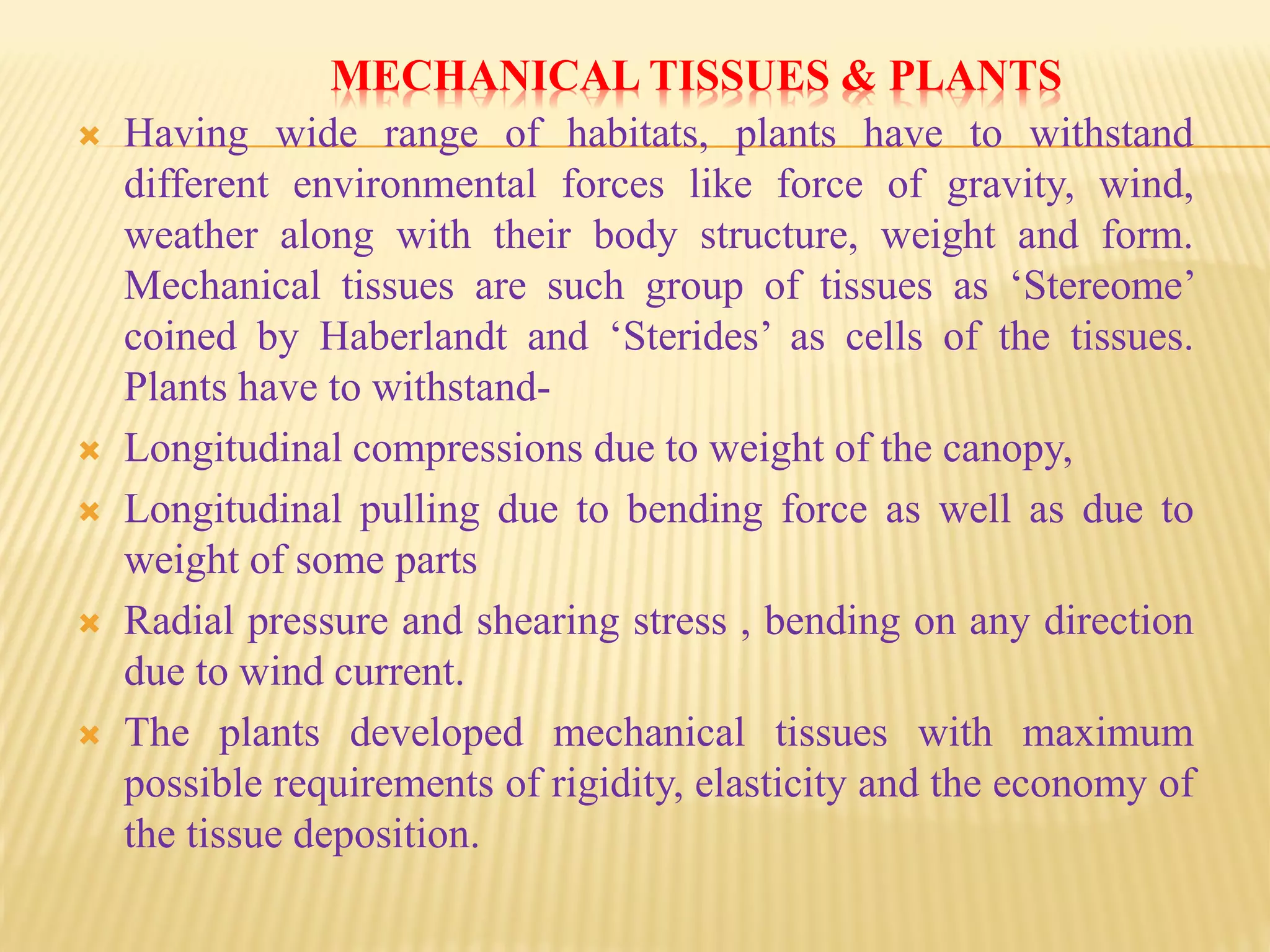 MECHANICAL TISSUES & PLANTS
 Having wide range of habitats, plants have to withstand
different environmental forces like force of gravity, wind,
weather along with their body structure, weight and form.
Mechanical tissues are such group of tissues as ‘Stereome’
coined by Haberlandt and ‘Sterides’ as cells of the tissues.
Plants have to withstand-
 Longitudinal compressions due to weight of the canopy,
 Longitudinal pulling due to bending force as well as due to
weight of some parts
 Radial pressure and shearing stress , bending on any direction
due to wind current.
 The plants developed mechanical tissues with maximum
possible requirements of rigidity, elasticity and the economy of
the tissue deposition.
 