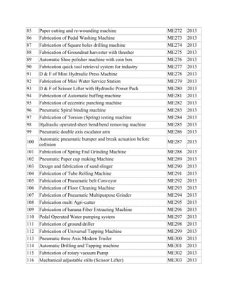 85
86

Paper cutting and re-wounding machine
Fabrication of Pedal Washing Machine

ME272
ME273

2013
2013

87
88

Fabrication of Square holes drilling machine
Fabrication of Groundnut harvester with thresher

ME274
ME275

2013
2013

89
90
91

Automatic Shoe polisher machine with coin box
Fabrication quick tool retrieval system for industry
D & F of Mini Hydraulic Press Machine

ME276
ME277
ME278

2013
2013
2013

92
93

Fabrication of Mini Water Service Station
D & F of Scissor Lifter with Hydraulic Power Pack

ME279
ME280

2013
2013

94
95

Fabrication of Automatic buffing machine
Fabrication of eccentric punching machine

ME281
ME282

2013
2013

96
97
98

Pneumatic Spiral binding machine
Fabrication of Torsion (Spring) testing machine
Hydraulic operated sheet bend/bend removing machine

ME283
ME284
ME285

2013
2013
2013

99

ME286

2013

ME287

2013

101
102

Pneumatic double axis escalator arm
Automatic pneumatic bumper and break actuation before
collision
Fabrication of Spring End Grinding Machine
Pneumatic Paper cup making Machine

ME288
ME289

2013
2013

103
104
105
106
107
108
109
110

Design and fabrication of sand slinger
Fabrication of Tube Rolling Machine
Fabrication of Pneumatic belt Conveyor
Fabrication of Floor Cleaning Machine
Fabrication of Pneumatic Multipurpose Grinder
Fabrication multi Agri-cutter
Fabrication of banana Fiber Extracting Machine
Pedal Operated Water pumping system

ME290
ME291
ME292
ME293
ME294
ME295
ME296
ME297

2013
2013
2013
2013
2013
2013
2013
2013

111

Fabrication of ground driller

ME298

2013

112
113
114
115
116

Fabrication of Universal Tapping Machine
Pneumatic three Axis Modern Trailer
Automatic Drilling and Tapping machine
Fabrication of rotary vacuum Pump
Mechanical adjustable stilts (Scissor Lifter)

ME299
ME300
ME301
ME302
ME303

2013
2013
2013
2013
2013

100

 