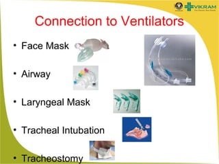 Connection to Ventilators
• Face Mask
• Airway
• Laryngeal Mask
• Tracheal Intubation
• Tracheostomy

 