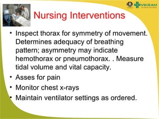 Nursing Interventions
• Inspect thorax for symmetry of movement.
Determines adequacy of breathing
pattern; asymmetry may indicate
hemothorax or pneumothorax. . Measure
tidal volume and vital capacity.
• Asses for pain
• Monitor chest x-rays
• Maintain ventilator settings as ordered.

 