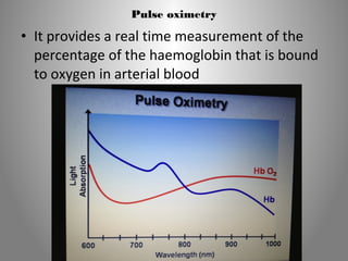 Pulse oximetry 
• It provides a real time measurement of the 
percentage of the haemoglobin that is bound 
to oxygen in arterial blood 
 