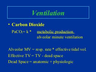Ventilation
• Carbon Dioxide
PaCO2= k * metabolic production
alveolar minute ventilation
Alveolar MV = resp. rate * effective tidal vol.
Effective TV = TV - dead space
Dead Space = anatomic + physiologic
 