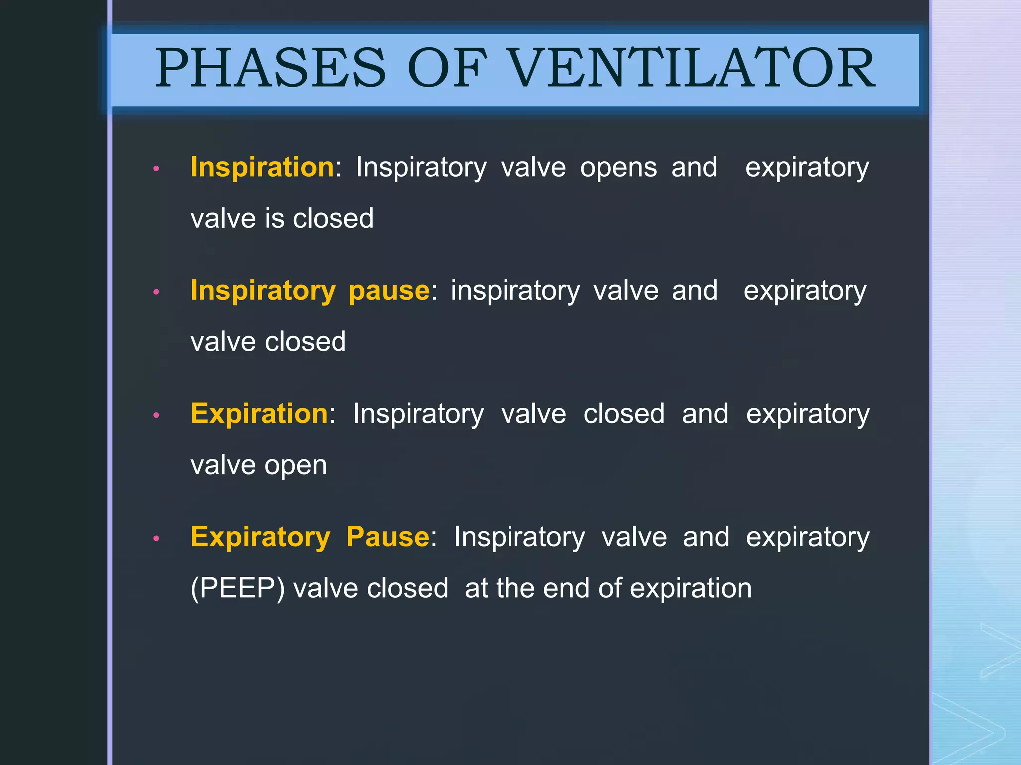 z
• Inspiration: Inspiratory valve opens and expiratory
valve is closed
• Inspiratory pause: inspiratory valve and expiratory
valve closed
• Expiration: Inspiratory valve closed and expiratory
valve open
• Expiratory Pause: Inspiratory valve and expiratory
(PEEP) valve closed at the end of expiration
PHASES OF VENTILATOR
 