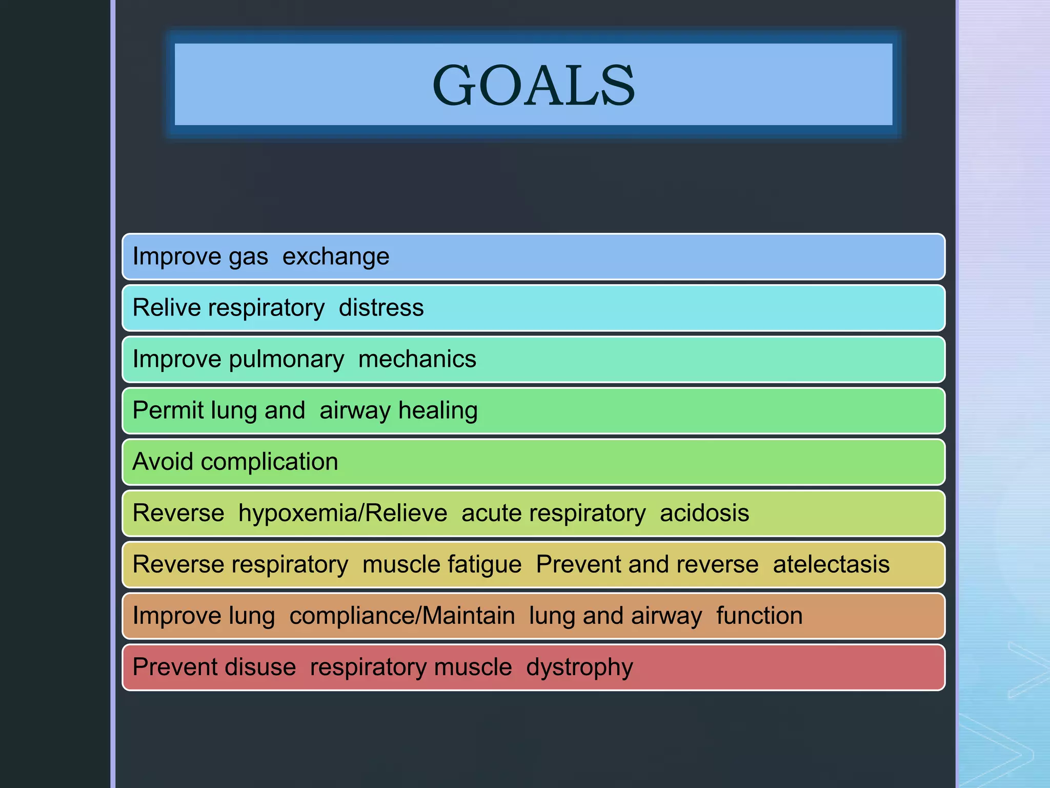 GOALS
Improve gas exchange
Relive respiratory distress
Improve pulmonary mechanics
Permit lung and airway healing
Avoid complication
Reverse hypoxemia/Relieve acute respiratory acidosis
Reverse respiratory muscle fatigue Prevent and reverse atelectasis
Improve lung compliance/Maintain lung and airway function
Prevent disuse respiratory muscle dystrophy
 