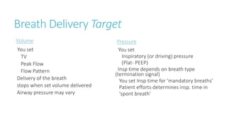 Breath Delivery Target
Volume
You set
TV
Peak Flow
Flow Pattern
Delivery of the breath
stops when set volume delivered
Airway pressure may vary
Pressure
You set
Inspiratory (or driving) pressure
(Plat- PEEP)
Insp time depends on breath type
(termination signal)
You set Insp time for ‘mandatory breaths’
Patient efforts determines insp. time in
‘spont breath’
 