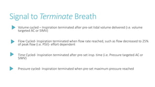 Signal to Terminate Breath
Volume cycled – Inspiration terminated after pre-set tidal volume delivered (i.e. volume
targeted AC or SIMV)
Flow Cycled- Inspiration terminated when flow rate reached, such as flow decreased to 25%
of peak flow (i.e. PSV)- effort dependent
Time Cycled- Inspiration terminated after pre-set insp. time (i.e. Pressure targeted AC or
SIMV)
Pressure cycled- Inspiration terminated when pre-set maximum pressure reached
 