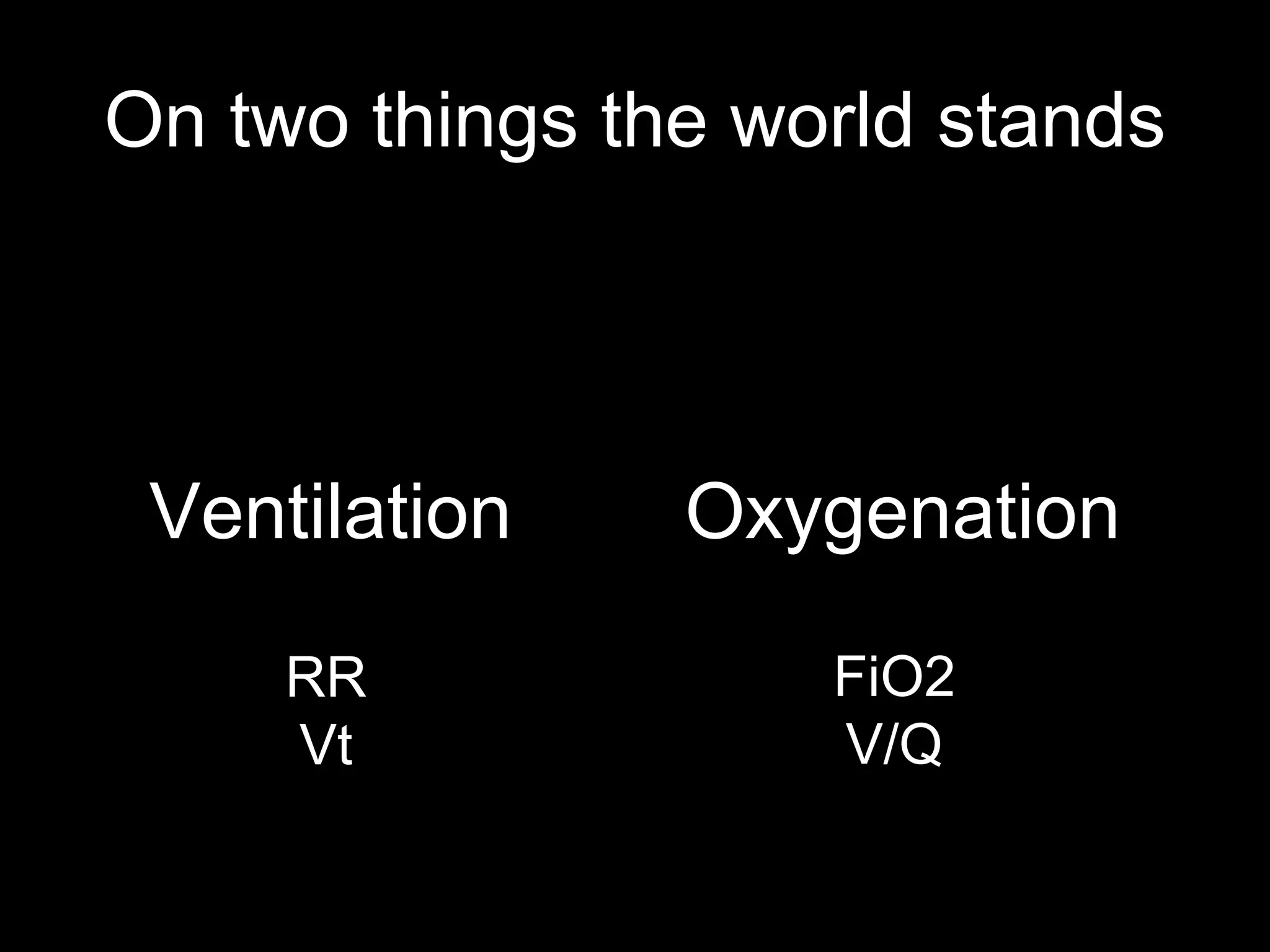 On two things the world stands
Ventilation Oxygenation
RR
Vt
FiO2
V/Q
 