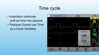 Time cycle
• Inspiration continues
until set time has elapsed
• Pressure Control use Time
as a Cycle Variables
 