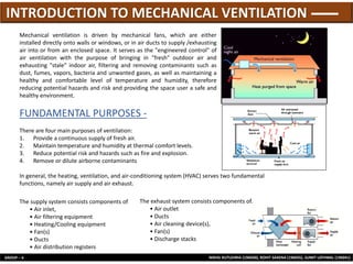 NIKHIL KUTLEHRIA (196030), ROHIT SAXENA (196035), SUMIT LATHWAL (196041)
GROUP – 4
There are four main purposes of ventilation:
1. Provide a continuous supply of fresh air.
2. Maintain temperature and humidity at thermal comfort levels.
3. Reduce potential risk and hazards such as fire and explosion.
4. Remove or dilute airborne contaminants
In general, the heating, ventilation, and air-conditioning system (HVAC) serves two fundamental
functions, namely air supply and air exhaust.
The supply system consists components of
• Air inlet,
• Air filtering equipment
• Heating/Cooling equipment
• Fan(s)
• Ducts
• Air distribution registers
The exhaust system consists components of.
• Air outlet
• Ducts
• Air cleaning device(s),
• Fan(s)
• Discharge stacks
FUNDAMENTAL PURPOSES -
Mechanical ventilation is driven by mechanical fans, which are either
installed directly onto walls or windows, or in air ducts to supply /exhausting
air into or from an enclosed space. It serves as the "engineered control" of
air ventilation with the purpose of bringing in "fresh" outdoor air and
exhausting "stale" indoor air, filtering and removing contaminants such as
dust, fumes, vapors, bacteria and unwanted gases, as well as maintaining a
healthy and comfortable level of temperature and humidity, therefore
reducing potential hazards and risk and providing the space user a safe and
healthy environment.
INTRODUCTION TO MECHANICAL VENTILATION
 