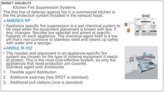 Kitchen Fire Suppression Systems
The first line of defense against fire in a commercial kitchen is
the fire protection system installed in the exhaust hood.
AMEREX KP
• Appliance specific fire suppression is a wet chemical system to
be used when the equipment placement is known with few, if
any, changes. Nozzles are selected and aimed at specific
hazards on each appliance. The chemical agent itself is a low
pH that’s non-corrosive to stainless steel and cleans up safely
with water and a sponge.
ANSUL R-102
• The nozzles and placement in an appliance-specific fire
system are chosen for the type of cooking equipment it needs
to protect. This is the most cost-effective system, as only the
appliances that need protection are covered.
Stainless agent tank enclosures
1. Flexible agent distribution
2. Additional switches (two SPDT is standard)
3. Additional pull stations (one is standard)
MARKET AVALIBILITY
 