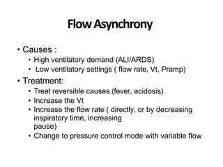 FlowAsynchrony
• Causes :
• High ventilatory demand (ALI/ARDS)
• Low ventilatory settings ( flow rate, Vt, Pramp)
• Treatment:
• Treat reversible causes (fever, acidosis)
• Increase the Vt
• Increase the flow rate ( directly, or by decreasing
inspiratory time, increasing
pause)
• Change to pressure control mode with variable flow
 