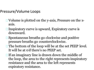 Pressure/Volume Loops
Volume is plotted on the y-axis, Pressure on the x-
axis.
Inspiratory curve is upward, Expiratory curve is
downward.
Spontaneous breaths go clockwise and positive
pressure breaths go counterclockwise.
The bottom of the loop will be at the set PEEP level.
It will be at 0if there’s no PEEP set.
If an imaginary line is drawn down the middle of
the loop, the area to the right represents inspiratory
resistance and the area to the left represents
expiratory resistance.
 