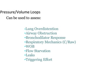 Pressure/Volume Loops
Can be used to assess:
•Lung Overdistention
•Airway Obstruction
•Bronchodilator Response
•Respiratory Mechanics (C/Raw)
•WOB
•Flow Starvation
•Leaks
•Triggering Effort
 