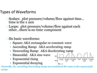 Types of Waveforms
Scalars: plot pressure/volume/flow against time…
time is the x axis
Loops: plot pressure/volume/flow against each
other…there is no time component
Six basic waveforms:
• Square: AKA rectangular or constant wave
• Ascending Ramp: AKA accelerating ramp
• Descending Ramp: AKA decelerating ramp
• Sinusoidal: AKA sine wave
• Exponential rising
• Exponential decaying
•Generally, the ascending/descending ramps are considered the same as the exponential
ramps.
 