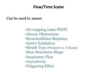 Flow/Time Scalar
Can be used to assess:
•Air trapping (auto-PEEP)
•Airway Obstruction
•Bronchodilator Response
•Active Exhalation
•Breath Type (Pressure vs. Volume)
•Flow Waveform Shape
•Inspiratory Flow
•Asynchrony
•Triggering Effort
 
