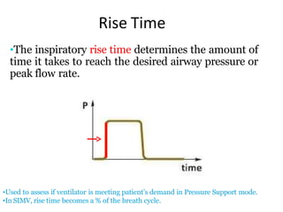Rise Time
•The inspiratory rise time determines the amount of
time it takes to reach the desired airway pressure or
peak flow rate.
•Used to assess if ventilator is meeting patient’s demand in Pressure Support mode.
•In SIMV, rise time becomes a % of the breath cycle.
 