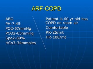ARF-COPD ABG PH-7.45 PO2-57mmHg PCO2-65mmHg Spo2-89% HCo3-34mmoles Patient is 60 yr old has COPD on room air Comfortable  RR-25/mt HR-100/mt 