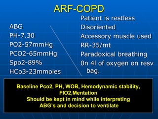 ARF-COPD ABG PH-7.30 PO2-57mmHg PCO2-65mmHg Spo2-89% HCo3-23mmoles Patient is restless Disoriented  Accessory muscle used RR-35/mt Paradoxical breathing 0n 4l of oxygen on resv bag. Baseline Pco2, PH, WOB, Hemodynamic stability, FIO2,Mentation Should be kept in mind while interpreting ABG’s and decision to ventilate 