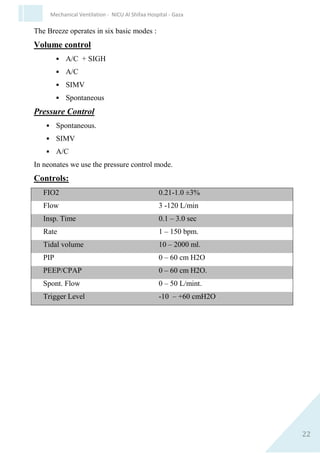 22
Mechanical Ventilation - NICU Al Shifaa Hospital - Gaza
Advantages of PTV
1. Bettersynchrony help to ↓ patient discomfort .
2. Oxygenation may improve.
3. Possible of air leak ↓ .
4. ↓ Work of breathing.
5. ↓ Duration of ventilation.
If low pco2 on A/C ↓PIP or if already on low PIP consider
switching to low rate SIMV (not <20 min) or extubation.
In our unit we use this machine
NEWPORT BREEZE E 150 Ventilator
It is used for ventilatory support of neonates, pediatrics or adults.
 