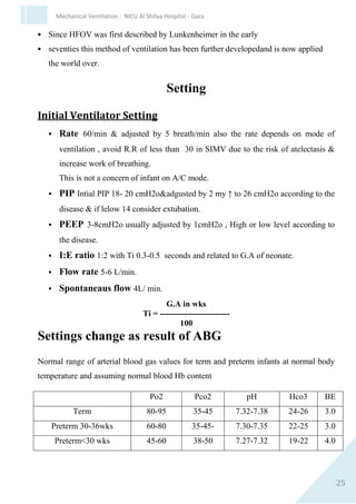 25
Mechanical Ventilation - NICU Al Shifaa Hospital - Gaza
Possible causes:
- Infant effort too weak.
- Incorrect trigger level
- Leak in circuit.
So we cap off reservoir bag outlet in the first cause, with ↓ Flow and
readjust trigger level in the second cause and correct leak in circuit in
the third cause.
High Frequency Ventilation (HFV)
Definition:
Ventilation at a high rate at least 2 –4 times the natural breathing rate,
using a small TV that is less than anatomic dead space:
Types:
 High Frequency Jet Ventilator (HFJV)
- Up to 600 breath / min.
 High Frequency Flow Interrupter (HFFI)
- Up to 1200 breath / min.
 High Frequency Oscillatory Ventilator (HFOV)
- Up to 3000 / min
Introduction
 The respiratory insufficiency remains one of the major causes of
neonatal mortality.
 Intensification of conventional ventilation with higher rates and
airway pressures leads to an increased incidence of barotrauma.
 Either ECMO or high-frequency oscillatory ventilation mightresolve
such desperate situations.
 