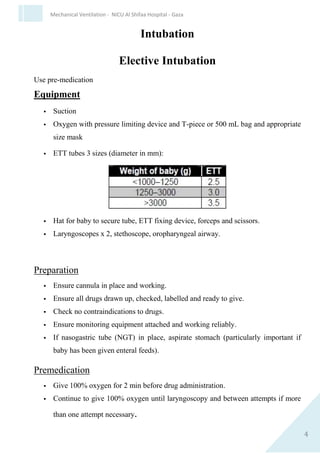 4
Mechanical Ventilation - NICU Al Shifaa Hospital - Gaza
Intubation
Elective Intubation
Use pre-medication
Equipment
 Suction
 Oxygen with pressure limiting device and T-piece or 500 mL bag
and appropriate size mask
 ETT tubes 3 sizes (diameter in mm): Weight of baby (g)
 Hat for baby to secure tube, ETT fixing device, forceps and
scissors.
 Laryngoscopes x 2, stethoscope, oropharyngeal airway.
Preparation
 Ensure cannula in place and working.
 Ensure all drugs drawn up, checked, labelled and ready to give.
 Check no contraindications to drugs.
 Ensure monitoring equipment attached and working reliably.
 If nasogastric tube (NGT) in place, aspirate stomach (particularly
important if baby has been given enteral feeds).
Premedication
 Give 100% oxygen for 2 min before drug administration.
 Continue to give 100% oxygen until laryngoscopy and between
attempts if more than one attempt necessary.
 