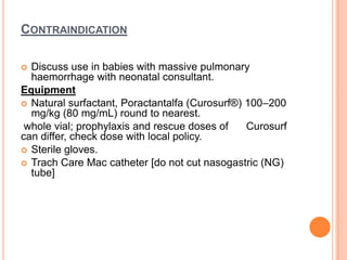 CONTRAINDICATION
 Discuss use in babies with massive pulmonary
haemorrhage with neonatal consultant.
Equipment
 Natural surfactant, Poractantalfa (Curosurf®) 100–200
mg/kg (80 mg/mL) round to nearest.
whole vial; prophylaxis and rescue doses of Curosurf
can differ, check dose with local policy.
 Sterile gloves.
 Trach Care Mac catheter [do not cut nasogastric (NG)
tube]
 