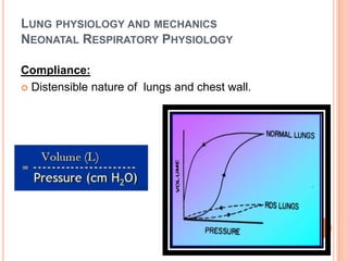 LUNG PHYSIOLOGY AND MECHANICS
NEONATAL RESPIRATORY PHYSIOLOGY
Compliance:
 Distensible nature of lungs and chest wall.
 