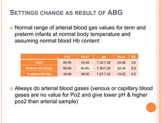 SETTINGS CHANGE AS RESULT OF ABG
 Normal range of arterial blood gas values for term and
preterm infants at normal body temperature and
assuming normal blood Hb content
 Always do arterial blood gases (venous or capillary blood
gases are no value for Po2 and give lower pH & higher
pco2 than arterial sample)
Po2 Pco2 pH Hco3 BE
Term 80-95 35-45 7.32-7.38 24-26 3.0
Preterm 30-36wks 60-80 35-45- 7.30-7.35 22-25 3.0
Preterm<30 wks 45-60 38-50 7.27-7.32 19-22 4.0
 