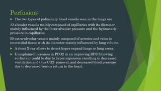 Perfusion:
 The two types of pulmonary blood vessels seen in the lungs are
A) alveolar vessels mainly composed of capillaries with its diameter
mainly influenced by the intra-alveolar pressure and the hydrostatic
pressure in capillaries
B) extra-alveolar vessels mainly composed of arteries and veins in
interstitial tissue with its diameter mainly influenced by lung volume.
 A chest X-ray allows to detect hyper expand lungs or lung areas.
 Unexplained increases in PCO2 in an improving RDS following
surfactant could be due to hyper expansion resulting in decreased
ventilation and thus CO2- removal, and decreased blood pressure
due to decreased venous return to the heart.
 