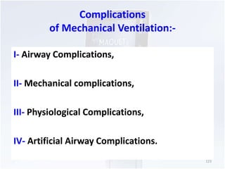 Complications 
of Mechanical Ventilation:- 
I- Airway Complications, 
II- Mechanical complications, 
III- Physiological Complications, 
IV- Artificial Airway Complications. 
123 
 