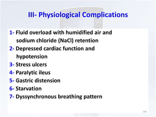 III- Physiological Complications 
1- Fluid overload with humidified air and 
sodium chloride (NaCl) retention 
2- Depressed cardiac function and 
hypotension 
3- Stress ulcers 
4- Paralytic ileus 
5- Gastric distension 
6- Starvation 
7- Dyssynchronous breathing pattern 
146 
 
