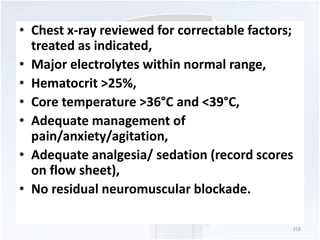 • Chest x-ray reviewed for correctable factors; 
treated as indicated, 
• Major electrolytes within normal range, 
• Hematocrit >25%, 
• Core temperature >36°C and <39°C, 
• Adequate management of 
pain/anxiety/agitation, 
• Adequate analgesia/ sedation (record scores 
on flow sheet), 
• No residual neuromuscular blockade. 
158 
 