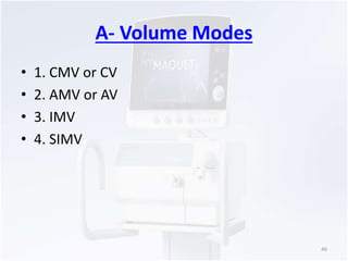 A- Volume Modes 
• 1. CMV or CV 
• 2. AMV or AV 
• 3. IMV 
• 4. SIMV 
46 
 