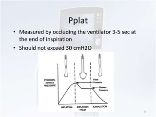 Pplat 
• Measured by occluding the ventilator 3-5 sec at 
the end of inspiration 
• Should not exceed 30 cmH2O 
67 
 