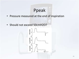 Ppeak 
• Pressure measured at the end of inspiration 
• Should not exceed 50cmH2O? 
69 
 