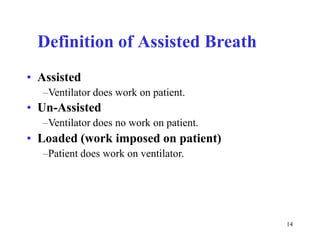 DefinitionofAssistedBreath•Assisted–Ventilatordoesworkonpatient.•Un-Assisted–Ventilatordoesnoworkonpatient.•Loaded(workimposedonpatient)–Patientdoesworkonventilator.14