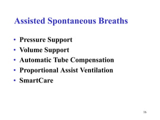 AssistedSpontaneousBreaths•••••PressureSupportVolumeSupportAutomaticTubeCompensationProportionalAssistVentilationSmartCare16