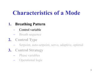 CharacteristicsofaMode1.BreathingPattern––ControlvariableBreathsequence2.ControlType–Setpoint,auto-setpoint,servo,adaptive,optimal3.ControlStrategy––PhasevariablesOperationallogic3